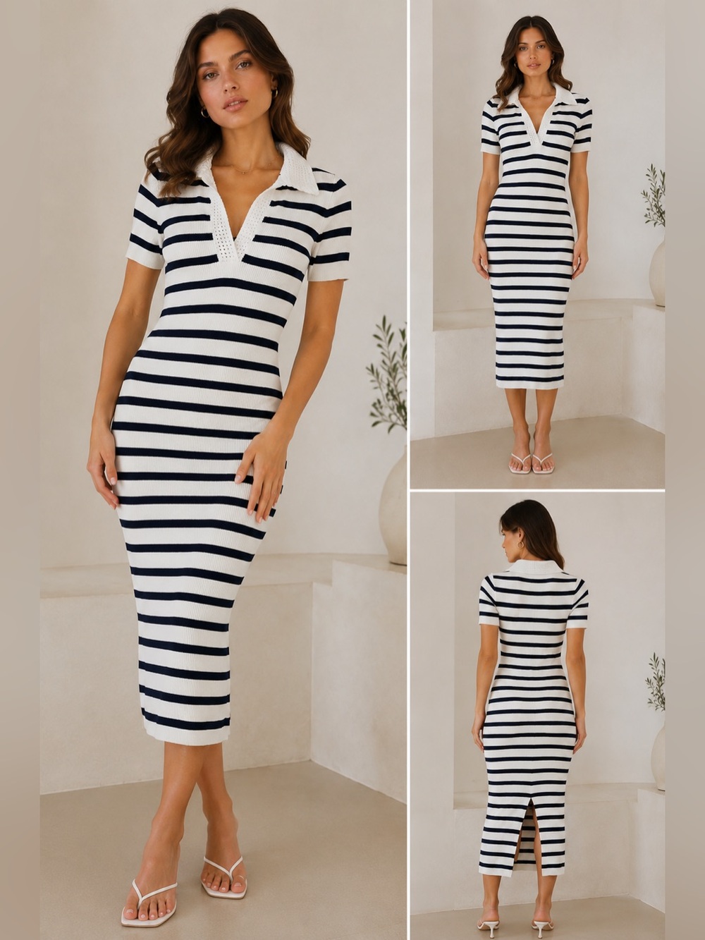 Caroline Constas Striped Rib Knit Polo Midi Dress Navy White Coastal Size L